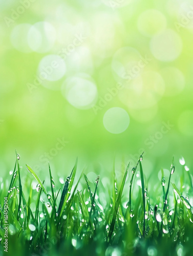 In the tranquil embrace of a refreshing morning, delicate raindrops gently settle upon the vibrant green blades of grass, painting a picturesque scene in this lush landscape. Each droplet catches the 