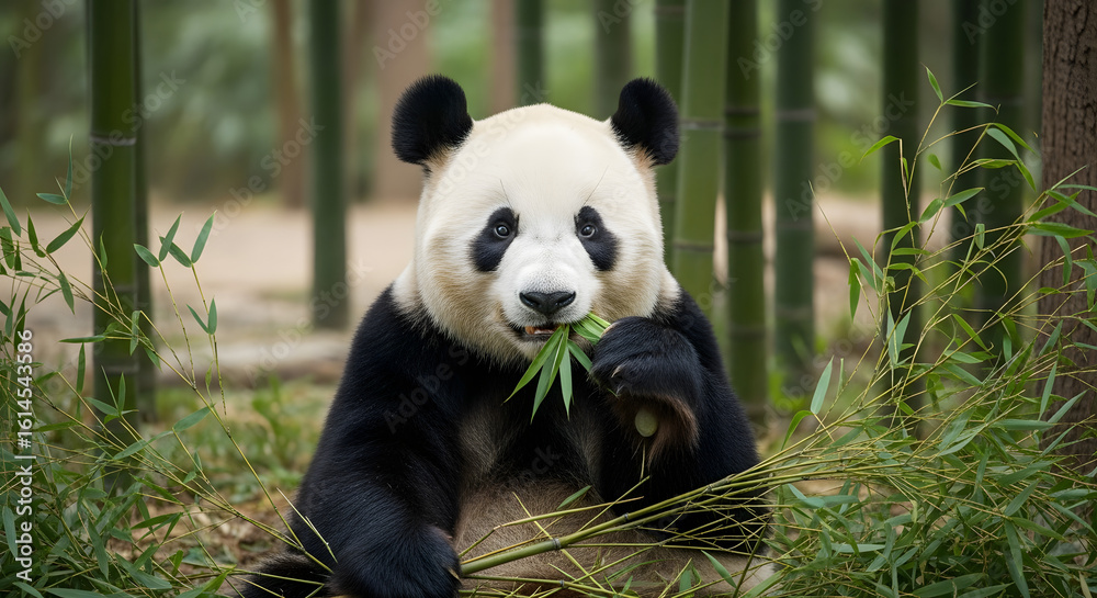 Obraz premium Animal Wild Life of a giant panda eating bamboo in a natural forest habitat, an endangered species.