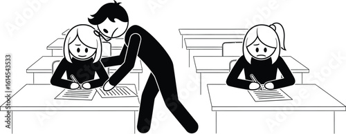 Cheating on exam illustration: student copying answers during test in classroom concept vector image editable