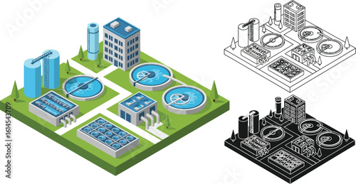 Isometric water treatment plant vector illustration for wastewater purification process design editable