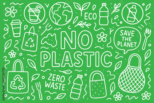 Green vector background with white-outlined doodles showing "No Plastic" theme, including reusable bags, crossed out bottles, sea animals, recycle signs, and eco friendly messages.