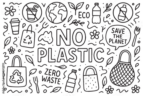 Black and white vector doodle background with bold black outline, featuring “No Plastic” theme, including recycling signs, bottles crossed out, eco messages, and nature elements.

