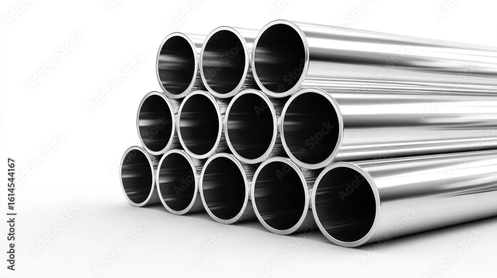 Perspective view of cylindrical metal tubes stacked diagonally, mirror-like surface with high reflectivity, realistic shadows, isolated on white background with ample copy space Perspective view of cylindrical metal tubes stacked diagonally, mirror-like surface with high reflectivity, realistic shadows, isolated on white background with ample copy space