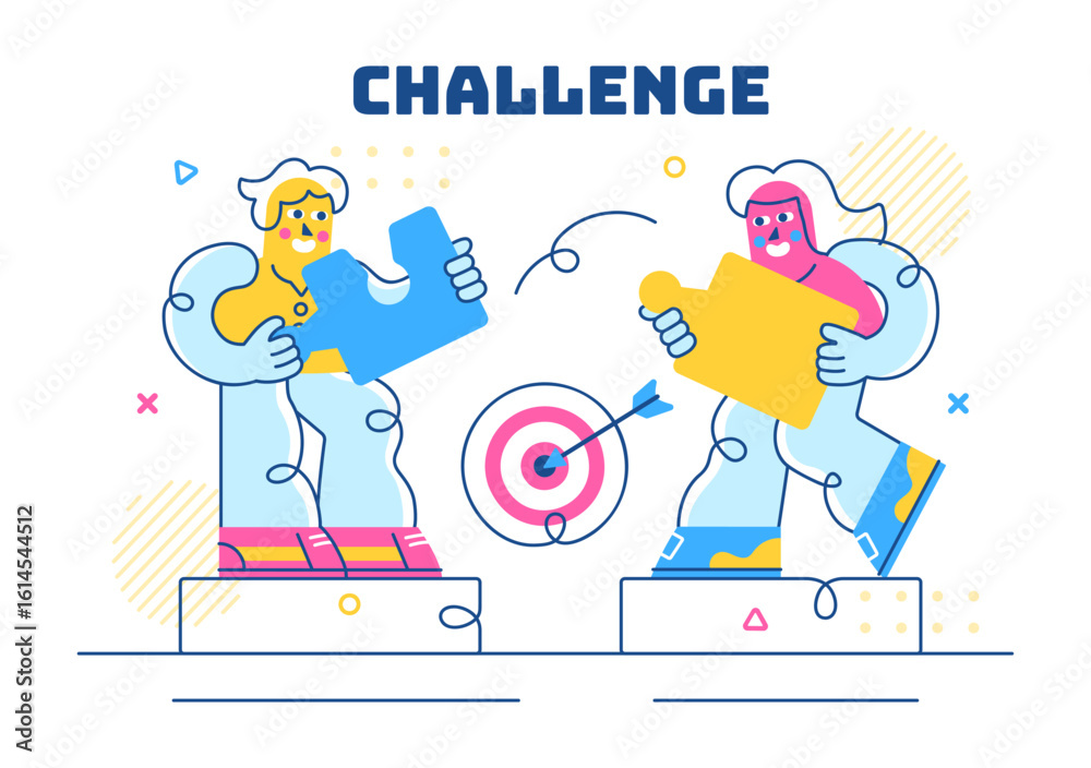 Obraz premium Challenge Vector Illustration Featuring a Businessman Running to the Top of a Graph and Overcoming Obstacles to Achieve Success in a Flat Background