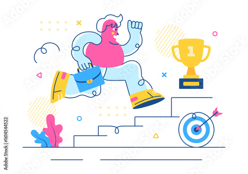 Challenge Vector Illustration Featuring a Businessman Running to the Top of a Graph and Overcoming Obstacles to Achieve Success in a Flat Background