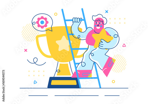 Challenge Vector Illustration Featuring a Businessman Running to the Top of a Graph and Overcoming Obstacles to Achieve Success in a Flat Background