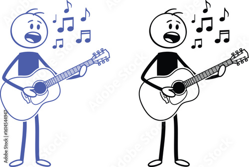 Stick figure playing guitar and singing vector illustration for music education and entertainment design editable