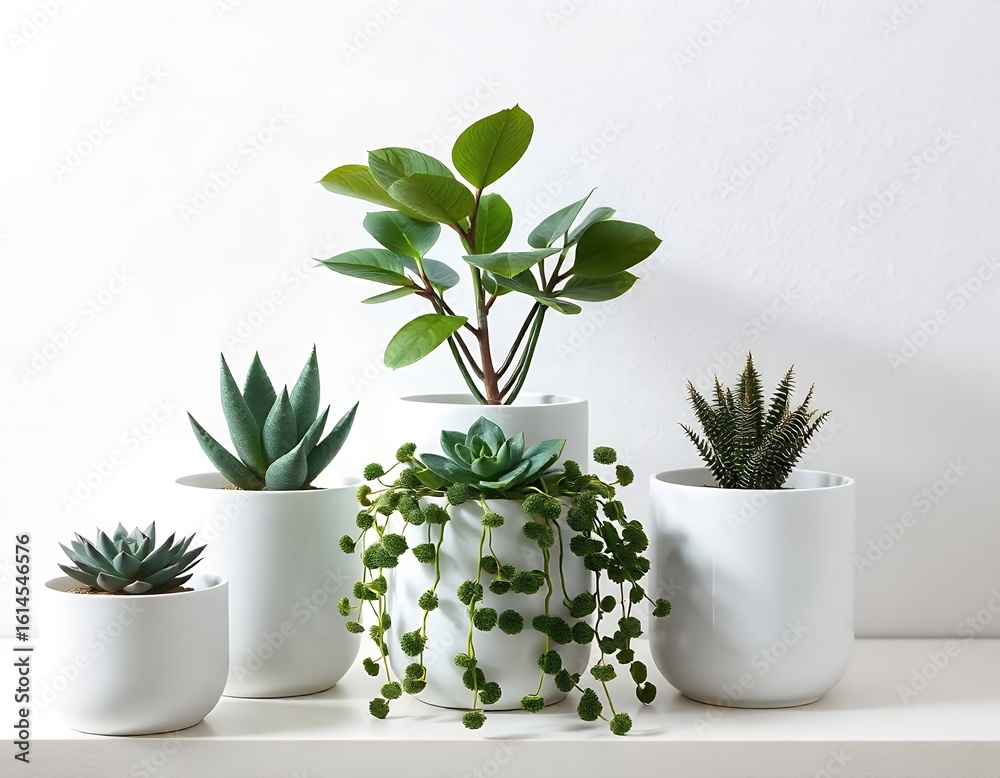 Fototapeta premium Green succulents and foliage plants in white pots image
