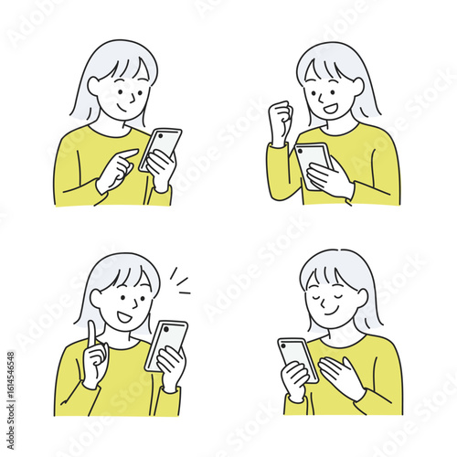 スマートフォンを操作する女性の表情バリエーションイラストセット