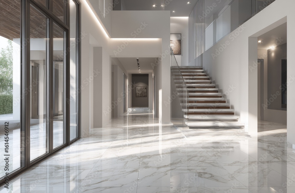 Obraz premium Sunlit marble-floored foyer with staircase and glass doors