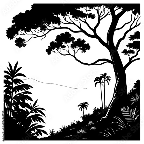 Black Jungle Silhouette With Dotted Route Line
