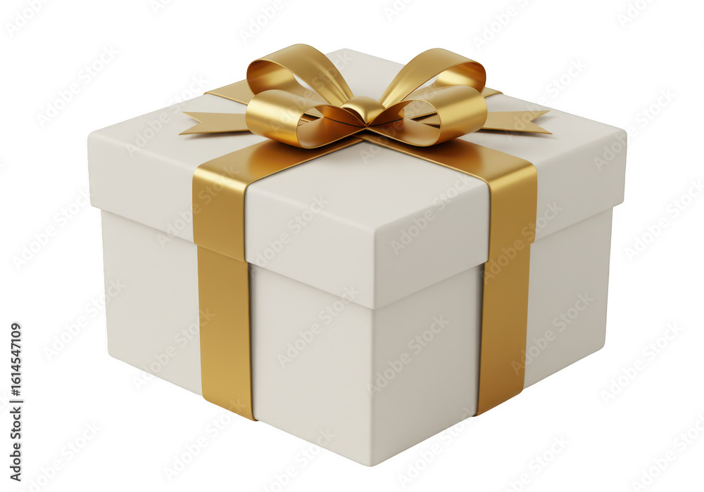 Obraz premium A closed white gift box with a gold ribbon and bow, isolated on a transparent background