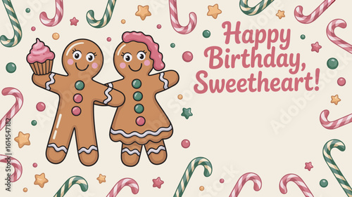 Gingerbread Couple Birthday Wishes with Candy Canes and Cupcake for Sweetheart's Special Day