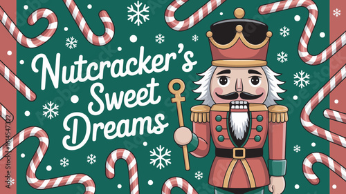 Nutcracker's Sweet Dreams Holiday Card Design with Candy Canes and Snowflakes Festive Illustration