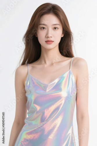 Portrait of woman wearing iridescent dress, white background