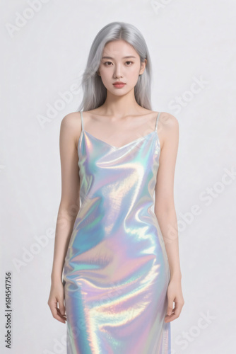 Portrait of woman wearing iridescent dress, white background