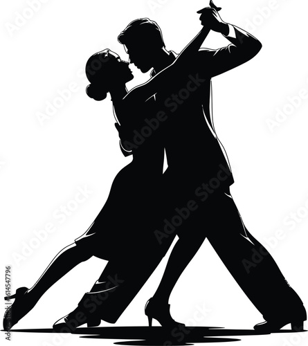 Elegant couple dancing tango silhouette ballroom