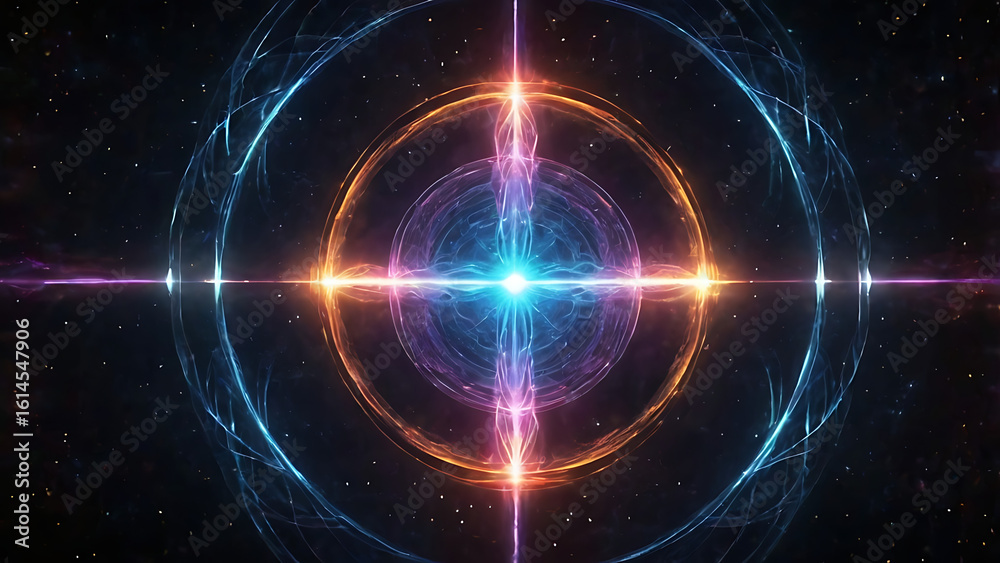 Obraz premium An abstract depiction of a celestial event featuring a glowing aura and pulsating energy rings, forming a cosmic gateway in the vastness of space.