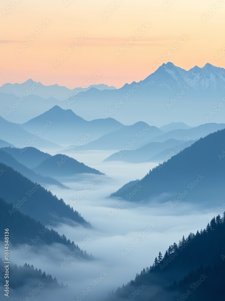 Obraz premium mountain landscape with clouds，mountains like wave，flat design，green，light green，ink painting