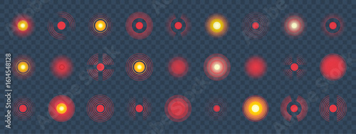 Pain circle icon with red concentric waves and dot for medical or muscle ache, signal or headache symbol, vector target for inflammation, nerve damage, or body pain illustration