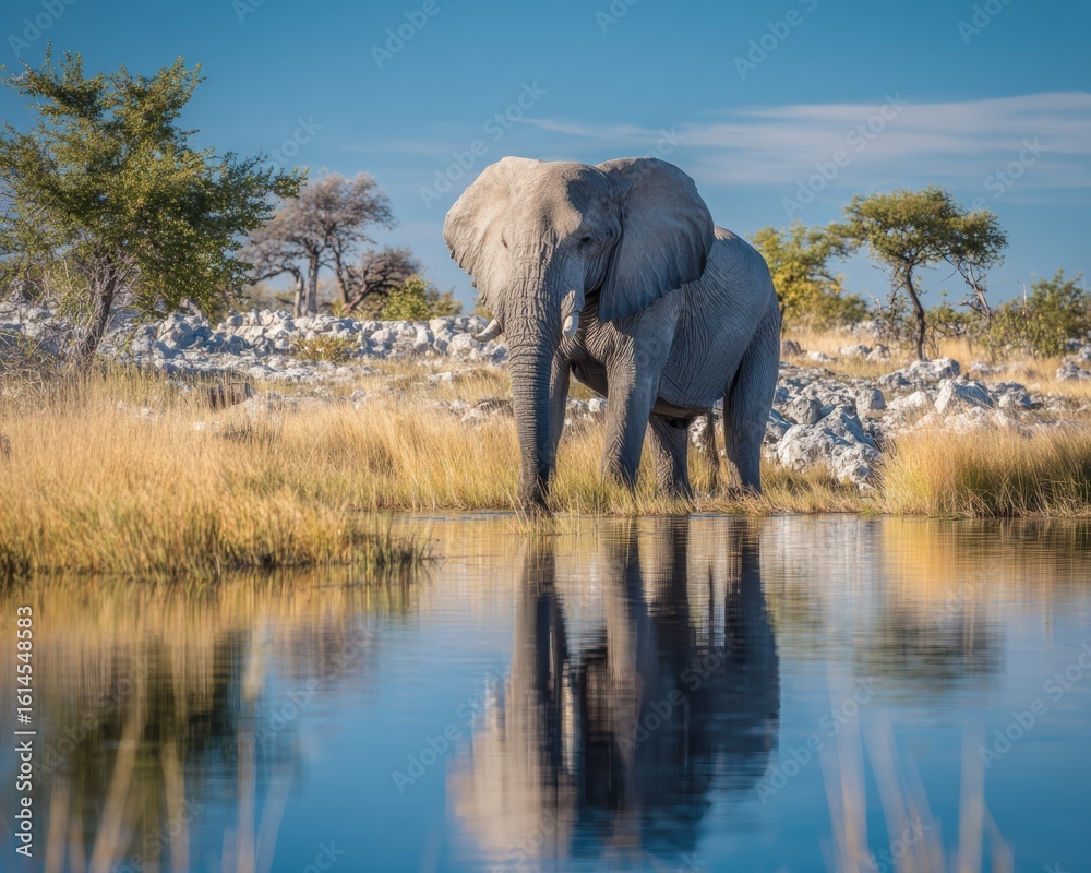 Obraz premium African Elephant at Water Hole Botswana President S Day Authentic Wildlife Safari Summer Holiday Premium Nature Marketing Content