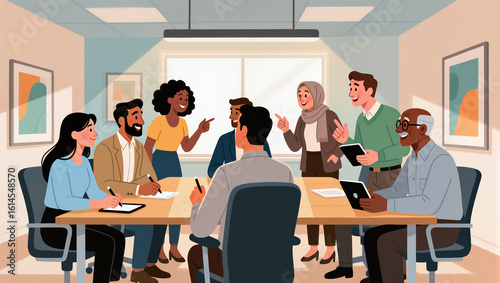 Diverse team collaborating in a modern conference room setting