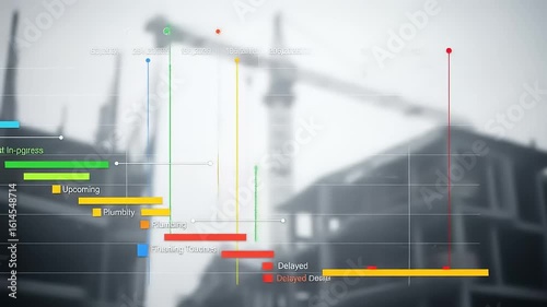 Construction project timeline showing progress on a building site, Gantt chart for building progress against a blurred building background