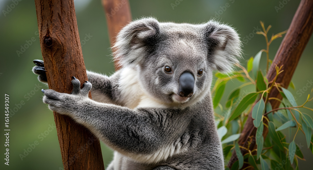Naklejka premium Animal Wild Life of a fluffy koala bear clinging to a tree branch, looking around in its Australian bush habitat.