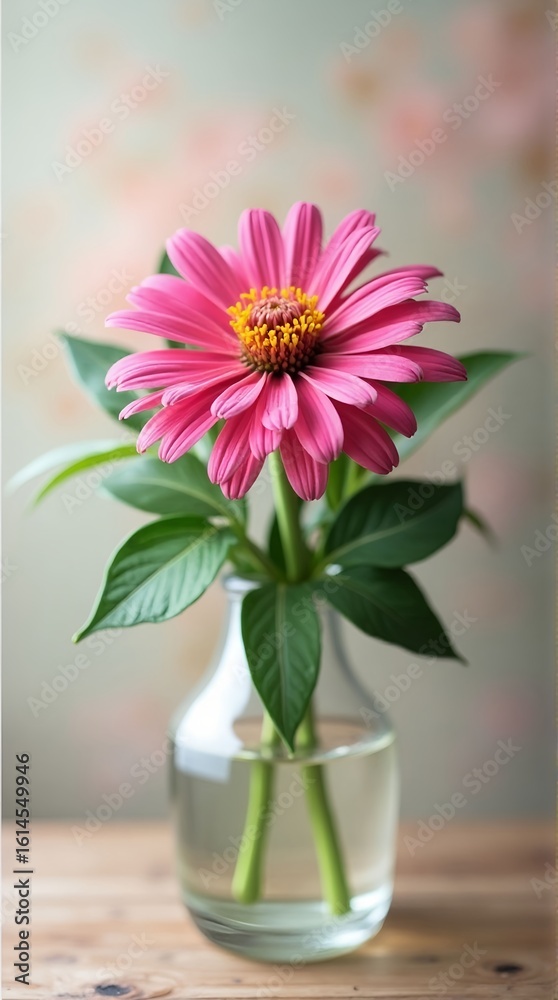 custom made wallpaper toronto digitalSingle pink zinnia in a clear glass vase on a wooden surface with leaves
