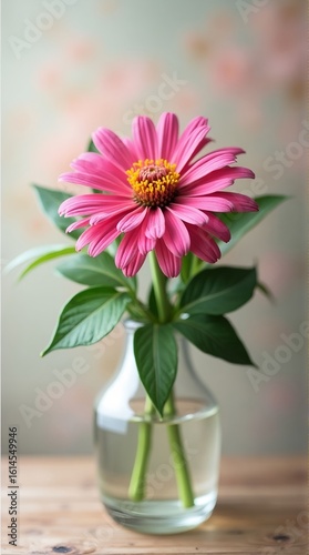 Wallpaper Mural Single pink zinnia in a clear glass vase on a wooden surface with leaves Torontodigital.ca