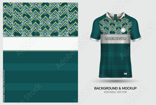 Jersey mockup and background pattern design. Uniform front view jersey and sublimation templates for sports, soccer, football, volleyball, badminton, e-sports, casual