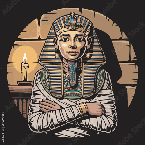 Pharaoh Vector Illustration of Ancient Egyptian Ruler with Sarcophagus and Candle