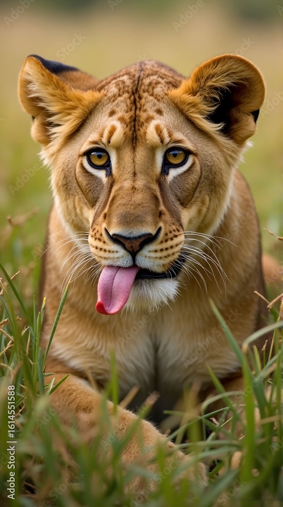 Obraz premium A lioness resting in the grass with her tongue sticking out slightly