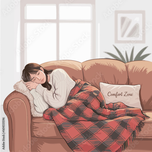Cozy Couch Nap Illustration of a Woman Resting Under a Plaid Blanket in a Comfortable Setting