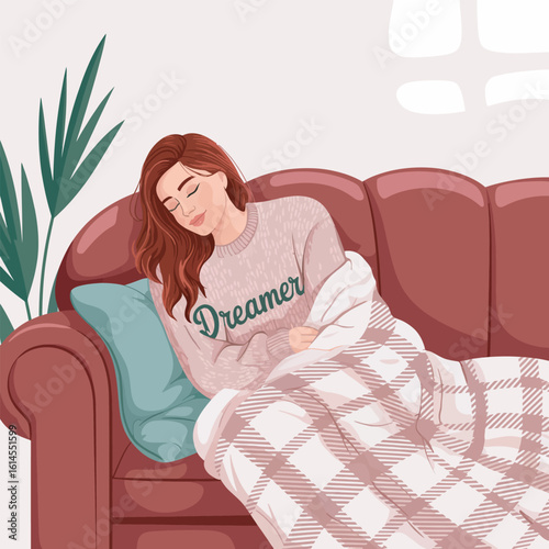 Dreamer's Respite Illustration of a Woman Relaxing on a Couch with a Cozy Blanket