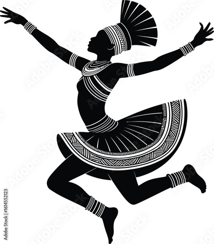 African dancer silhouette with ornate headdress and skirt