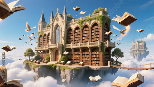 Majestic floating library surrounded by books and serene clouds