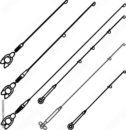 Collection of Simple Line Art Fishing Rods:  Black and White Minimalist Design.
