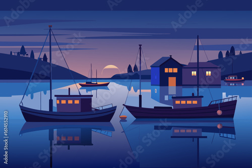 Serene harbor at dusk fishing boats rest peacefully in calm waters as the sun sets behind a coastal village