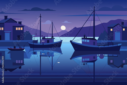 Tranquil harbor scene at dusk with illuminated boats and houses reflecting on calm water under a twilight sky with a full moon
