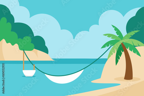 A serene tropical beach scene with a hammock strung between two palm trees over the turquoise ocean water inviting relaxation and vacation