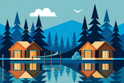 Serene lakeside cabins nestled among tall pine trees reflecting in calm water under a blue sky with a single cloud and a bird