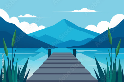 Serene mountain lake vista with a wooden dock and lush green reeds under a cloudy blue sky