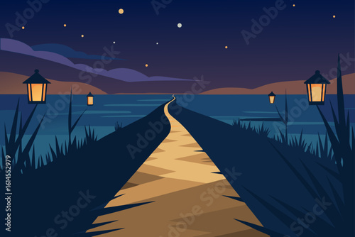 A tranquil night scene features a winding path illuminated by lanterns leading towards a serene body of water under a starry sky