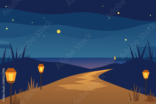 A serene pathway illuminated by lanterns leads through rolling hills towards a calm sea under a starry night sky