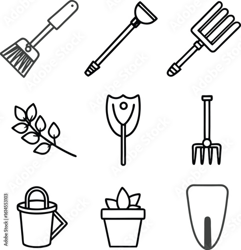Simple Line Art Gardening Tools and Plants:  Bucket, Trowel, Brush, Potted Succulent,  Fork, Rake, and Leaf Branch.