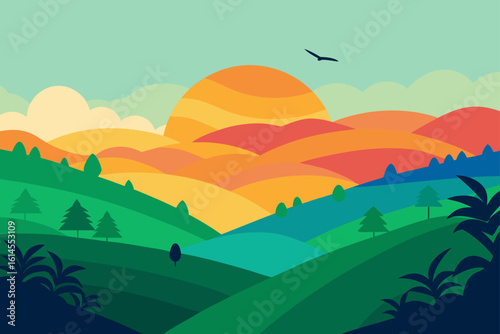 Vibrant rolling hills bathed in the warm glow of a stylized sunset with a lone bird soaring in the serene sky above