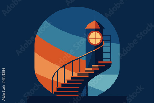 A stylized illustration of a spiral staircase leading up to a circular window in a tower set against a dark blue background with abstract shapes