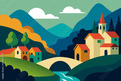 Stylized italian village with rolling hills a bridge and a river under a cloudy sky