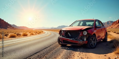 A broken down car sits on the side of a desert road, awaiting roadside assistance  The sun beats down on the vehicle, emphasizing the urgency of the situation , road, assistance